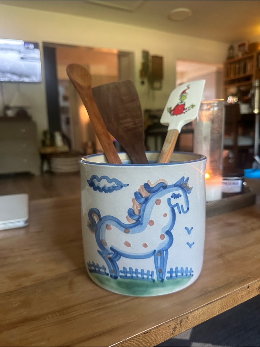 M.A.Hadley Hand-Painted Blue Horse Ceramic Utensil Holder, ect pottery 5.5” Tall